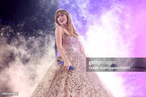 Taylor Swift performs onstage during "Taylor Swift | The Eras Tour " at Ford Field on June 09, 2023 in Detroit, Michigan.