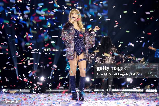 Taylor Swift performs onstage during "Taylor Swift | The Eras Tour " at Ford Field on June 09, 2023 in Detroit, Michigan.