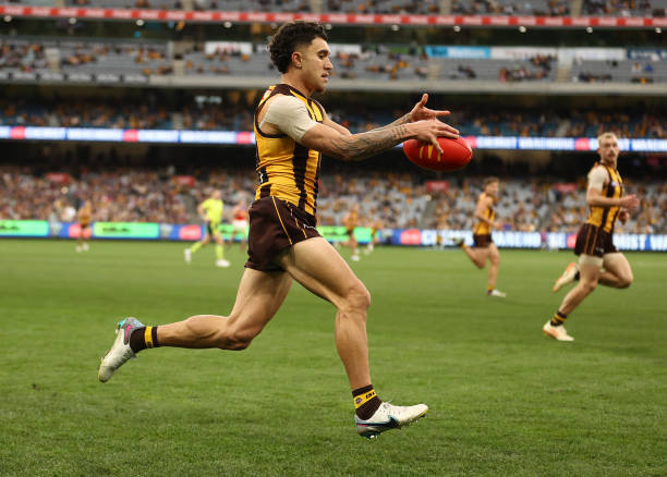 Tyler Brockman of the Hawks runs with the ball during the round 13 AFL match between Hawthorn Hawks and Brisbane Lions at Melbourne Cricket Ground,...