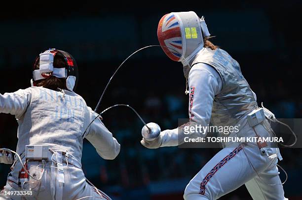 Japan's Hirata Kyomi fences against Britain's Anna Bentley during the women's foil team placement 7-8 fight as part of the fencing event of London...
