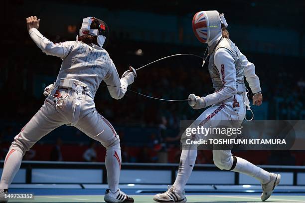 Japan's Hirata Kyomi fences against Britain's Anna Bentley during the women's foil team placement 7-8 fight as part of the fencing event of London...