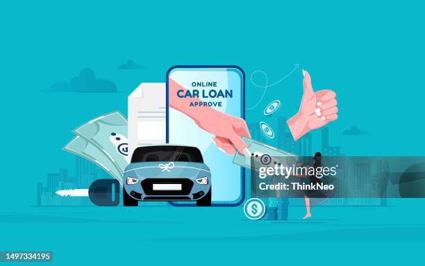 stockillustraties, clipart, cartoons en iconen met happy woman with approved car loan and new modern auto. - auto kopen