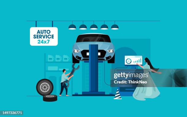 auto-service-konzept mit auto auf hebezeug - auto repair shop stock-grafiken, -clipart, -cartoons und -symbole