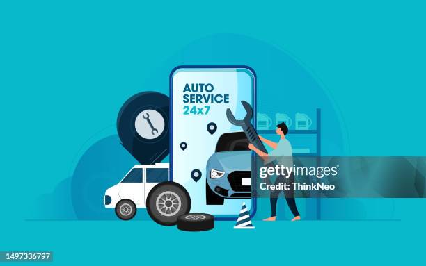 maschinendiagnose und reparatur. diagnose, reparatur von autos, ausrüstung. - auto repair shop stock-grafiken, -clipart, -cartoons und -symbole