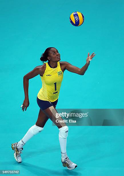 Fabiana Claudino of Brazil serves the ball to China in the first set on Day 7 of the London 2012 Olympic Game at Earls Court on August 3, 2012 in...