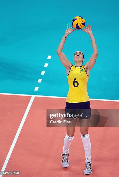 Thaisa Menezes of Brazil sets the ball in the first set against China on Day 7 of the London 2012 Olympic Game at Earls Court on August 3, 2012 in...