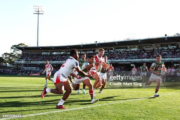 Alex Johnston of the Rabbitohs defends on his line during the round 15 NRL match between St George Illawarra Dragons and South Sydney Rabbitohs at...