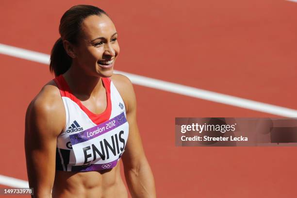 Jessica Ennis of Great Britain looks on after competing in the Women's Heptathlon 100m Hurdles Heat 1 on Day 7 of the London 2012 Olympic Games at...