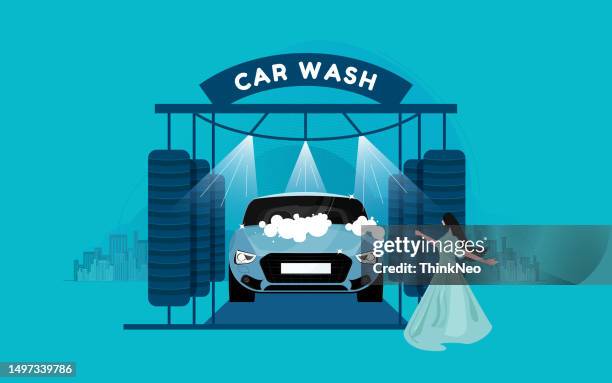 illustrations, cliparts, dessins animés et icônes de service de lavage automatique avec d’énormes brosses et douche d’eau - station de lavage auto