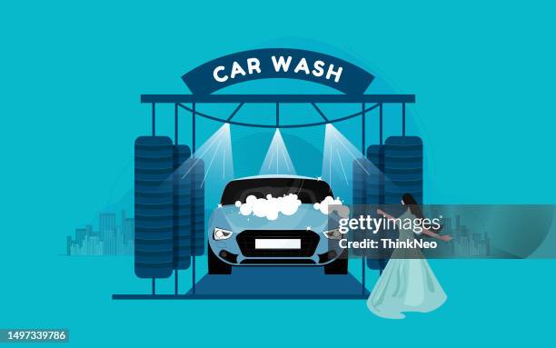 stockillustraties, clipart, cartoons en iconen met automatic carwash service with huge brushes and water shower - oppoetsen