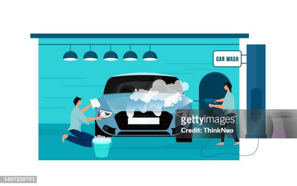 illustrations, cliparts, dessins animés et icônes de guy lave le concept de voiture sale - station de lavage auto