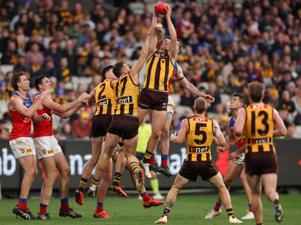 Jacob Koschitzke of the Hawks marks during the round 13 AFL match between Hawthorn Hawks and Brisbane Lions at Melbourne Cricket Ground, on June 10...