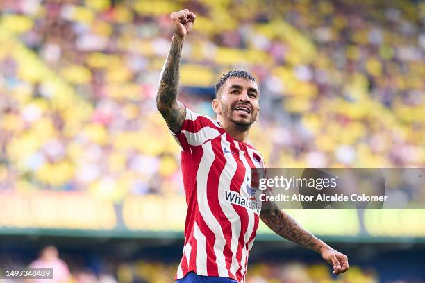 Angel Correa of Atletico de Madrid celebrates after scoring the team's second goal during the LaLiga Santander match between Villarreal CF and...