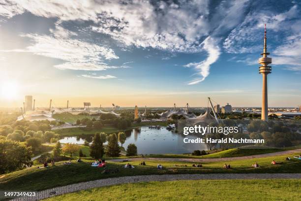 view over sports venue, munich, bavaria, germany - olympiapark stock pictures, royalty-free photos & images