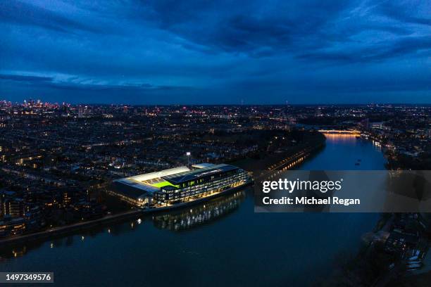 An aerial view of Craven Cottage, the home of Fulham Football Club on March 16, 2023 in London, England.
