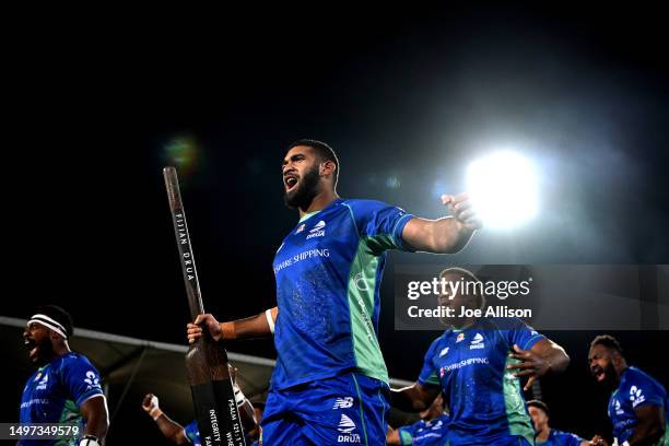 The Drua perform a haka during the Super Rugby Pacific Quarter Final match between Crusaders and Drua at Orangetheory Stadium, on June 10 in...