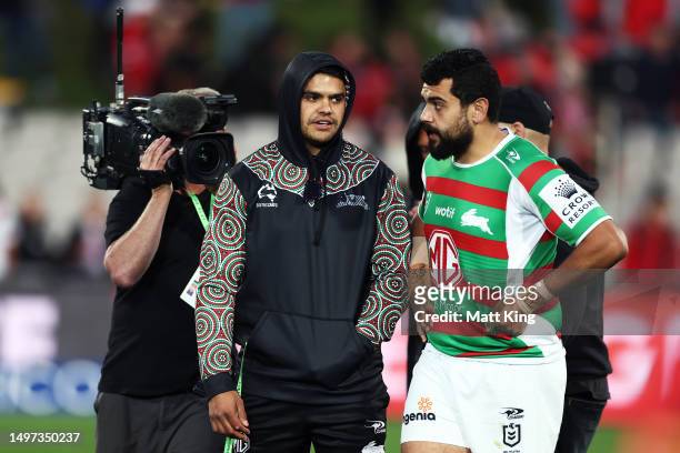 Latrell Mitchell of the Rabbitohs talks to Shaquai Mitchell of the Rabbitohs after the round 15 NRL match between St George Illawarra Dragons and...
