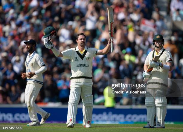 Travis Head of Australia celebrates his century during day one of the ICC World Test Championship Final between Australia and India at The Oval on...