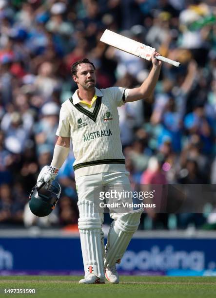 Travis Head of Australia celebrates his century during day one of the ICC World Test Championship Final between Australia and India at The Oval on...
