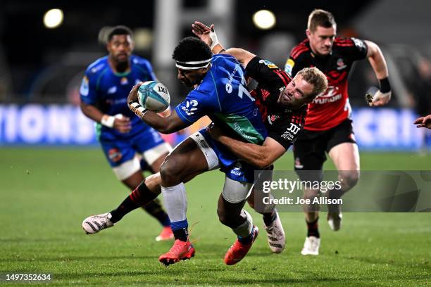 Kalaveti Ravouvou of the Drua charges forward during the Super Rugby Pacific Quarter Final match between Crusaders and Drua at Orangetheory Stadium,...