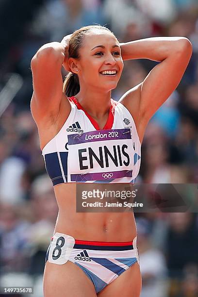 Jessica Ennis of Great Britain looks on after competing in the Women's Heptathlon 100m Hurdles Heat 1 on Day 7 of the London 2012 Olympic Games at...