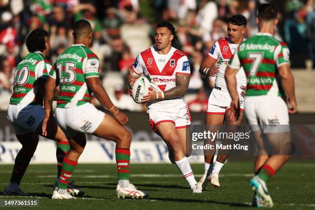 Jaydn Su'a of the Dragons runs with the ball during the round 15 NRL match between St George Illawarra Dragons and South Sydney Rabbitohs at...