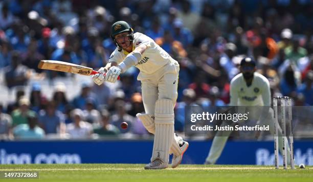 Marnus Labuschagne of Australia plays a shot during day four of the ICC World Test Championship Final between Australia and India at The Oval on June...