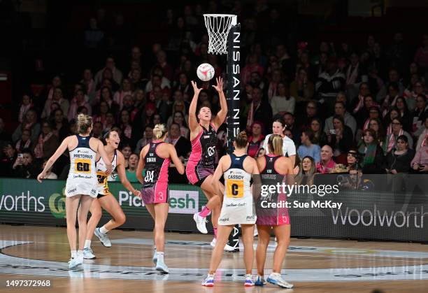 Eleanor Cardwell of the Thunderbirds catches the ball during the round 13 Super Netball match between Adelaide Thunderbirds and Sunshine Coast...