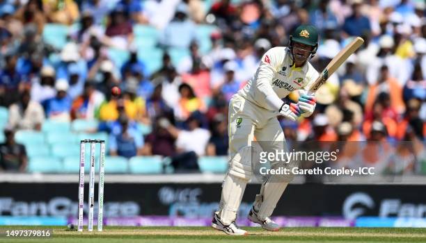 Alex Carey of Australia plays a shot during day four of the ICC World Test Championship Final between Australia and India at The Oval on June 10,...