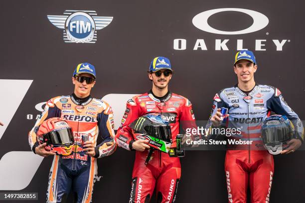 MotoGP Top-3 qualifyers with Marc Marquez of Spain and Repsol Honda Team , Francesco Bagnaia of Italy and Ducati Lenovo Team and Alex Marquez of...
