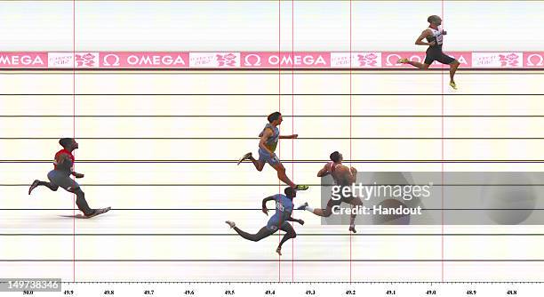 In this handout photo finish image supplied by Omega, David Greene of Great Britain wins the Men's 400m Hurdles Heat 3 on Day 7 of the London 2012...