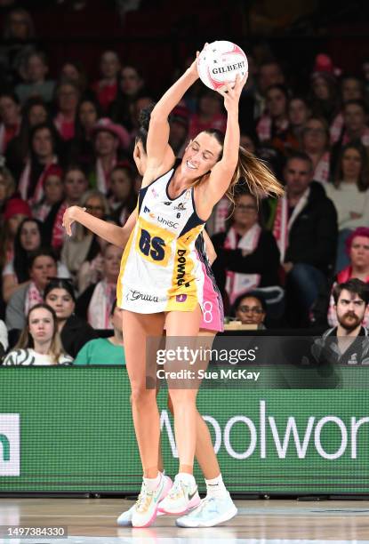 Cara Koenen of the Lightning catches the ball during the round 13 Super Netball match between Adelaide Thunderbirds and Sunshine Coast Lightning at...