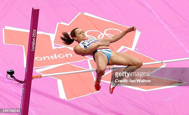 Jessica Ennis of Great Britain competes in the Women's Heptathlon High Jump on Day 7 of the London 2012 Olympic Games at Olympic Stadium on August 3,...