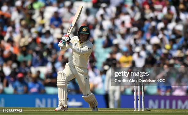 Alex Carey of Australia plays a shot during day four of the ICC World Test Championship Final between Australia and India at The Oval on June 10,...