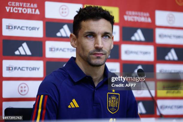 Jesus Navas attends his press conference for Spain Team at Ciudad del Futbol on June 10 in Las Rozas, Madrid, Spain.