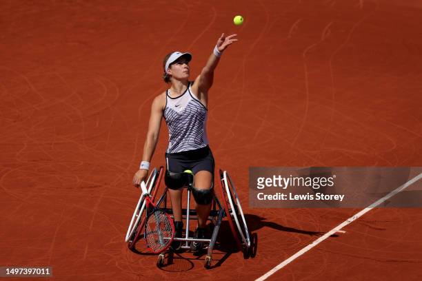 Diede de Groot of Netherlands serves against Yui Kamiji of Japan during the Women's Wheelchair Singles Final match on Day Fourteen of the 2023 French...