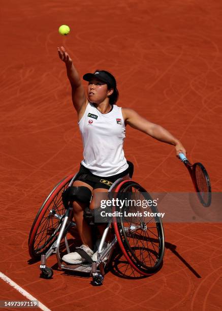 Yui Kamiji of Japan serves against Diede de Groot of Netherlands during the Women's Wheelchair Singles Final match on Day Fourteen of the 2023 French...