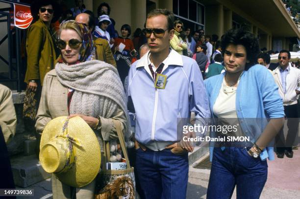Princess Grace of Monaco with her children Prince Albert and Princess Stephanie at Monaco Tennis Tournament on April 5, 1982 in Monaco.