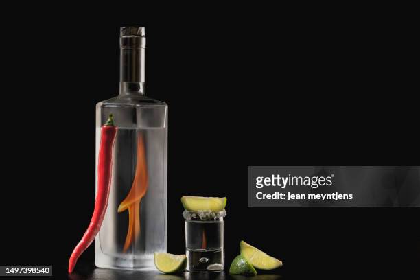 hot pepper with a bottle and a tequila shot - grappa stock pictures, royalty-free photos & images