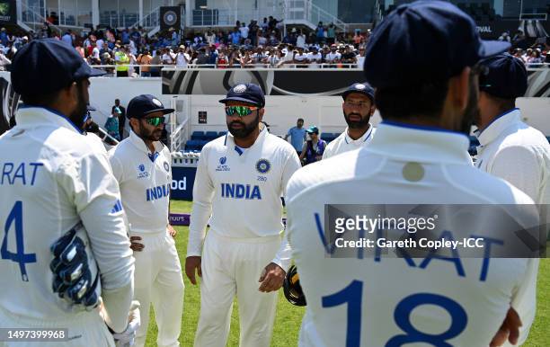 Rohit Sharma of India looks on during day four of the ICC World Test Championship Final between Australia and India at The Oval on June 10, 2023 in...