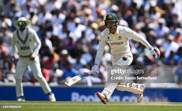 Alex Carey of Australia plays a shot during day four of the ICC World Test Championship Final between Australia and India at The Oval on June 10,...