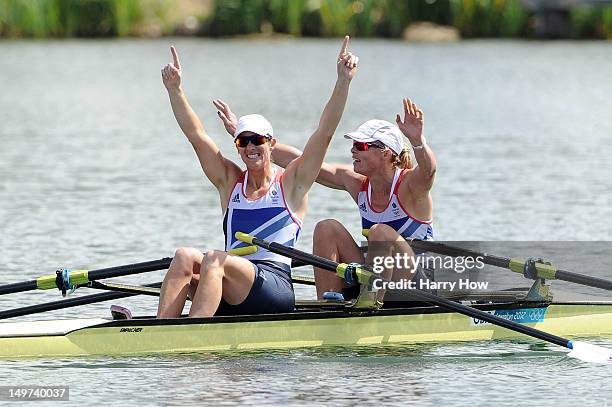 Katherine Grainger and Anna Watkins of Great Britain celebrate after winning gold in the Women's Double Sculls final on Day 7 of the London 2012...