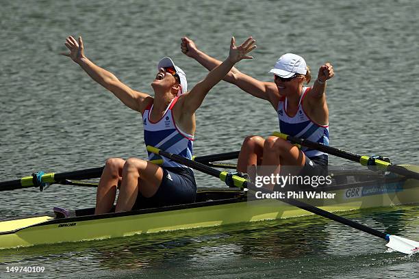 Katherine Grainger and Anna Watkins of Great Britain celebrate after winning gold in the Women's Double Sculls final on Day 7 of the London 2012...