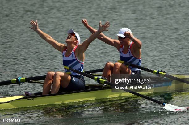 Katherine Grainger and Anna Watkins of Great Britain celebrate after winning gold in the Women's Double Sculls final on Day 7 of the London 2012...