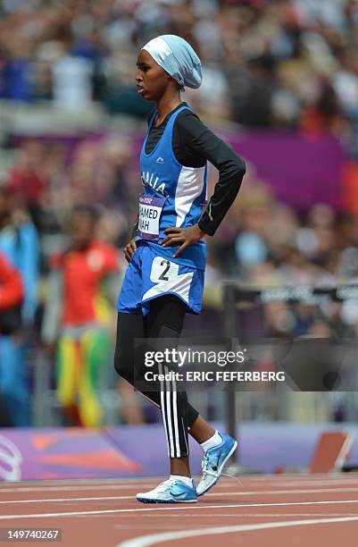 Somalia's Zamzam Mohamed Farah prepares for the women's 400m heats at the athletics event during the London 2012 Olympic Games on August 3, 2012 in...