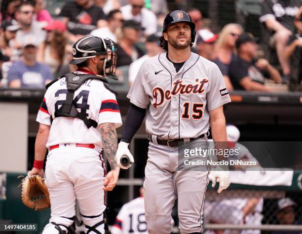 Jake Marisnick of the Detroit Tigers reacts after striking out during a game against the Chicago White Sox at Guaranteed Rate Field on June 04, 2023...
