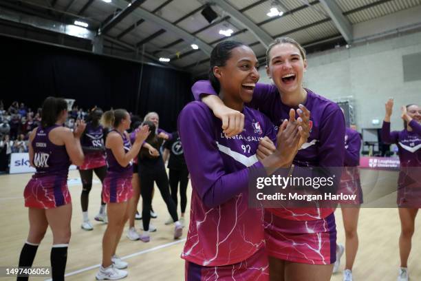 Emma Thacker and Jasmin Odeogberin of Loughborough Lightning celebrate after winning the Netball Super League 2023 Grand Semi-Final match between...