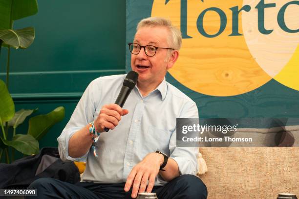 Michael Gove takes part in "The Review: Saturday papers" at Kite Festival 2023 at Kirtlington Park on June 10, 2023 in Kidlington, Oxfordshire.