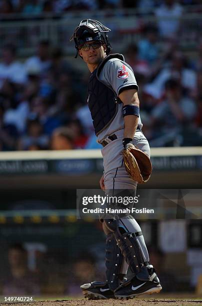 Lou Marson of the Cleveland Indians looks on during the game against the Minnesota Twins on July 29, 2012 at Target Field in Minneapolis, Minnesota.