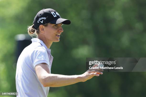 Anne van Dam of the Netherlands celebrates after finishing her round on the eighteenth green during Day Three of the Volvo Car Scandinavian Mixed at...